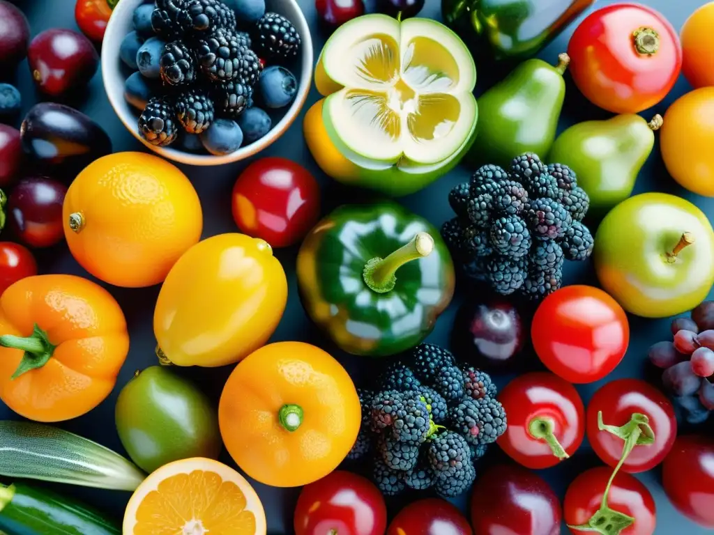 Una composición vibrante de frutas y verduras antioxidantes resalta la importancia de antioxidantes en sistema inmunológico