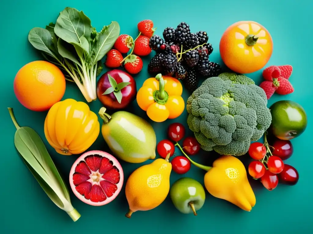 Una composición vibrante de frutas y verduras frescas, resaltando la importancia de la nutrición inmunitaria