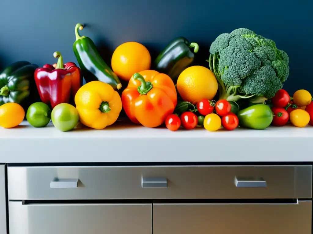 Una composición vibrante de frutas y verduras frescas en un moderno mostrador de cocina