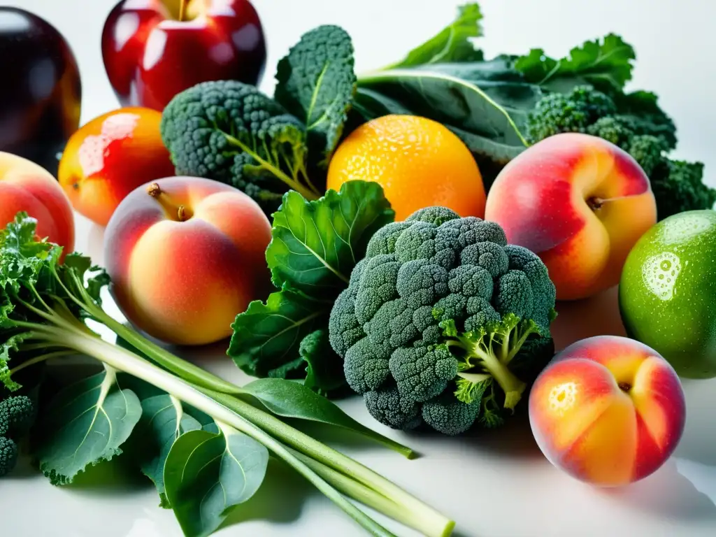 Una composición vibrante de frutas y verduras frescas en una mesa blanca, bañada por luz natural