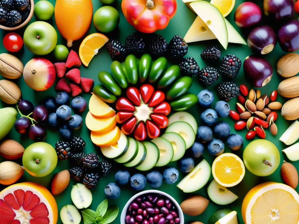 Una composición vibrante de frutas, verduras, frutos secos y semillas frescos y coloridos