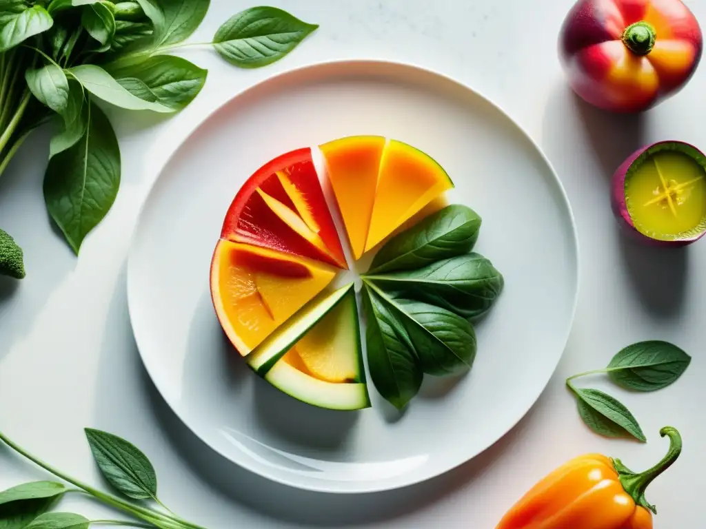 Una composición vibrante de frutas y verduras en un plato blanco, resaltando la belleza natural de los alimentos funcionales para fortalecer inmunidad