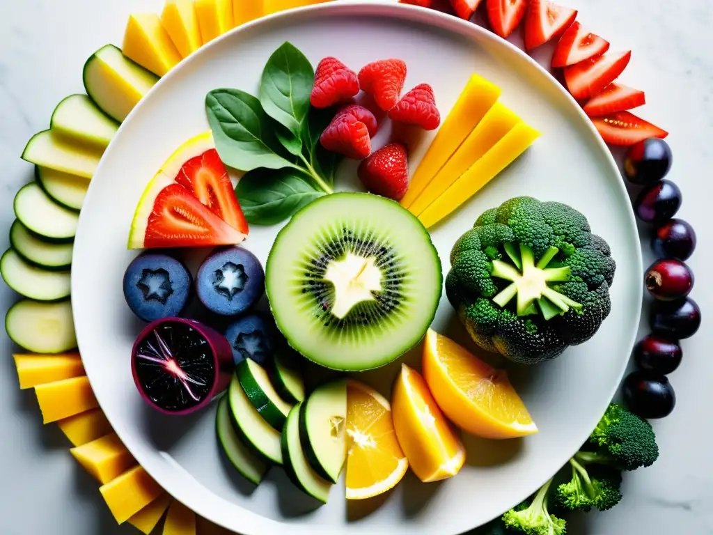 Una composición vibrante de frutas y verduras recién cortadas, con colores intensos que resaltan sobre un elegante plato blanco