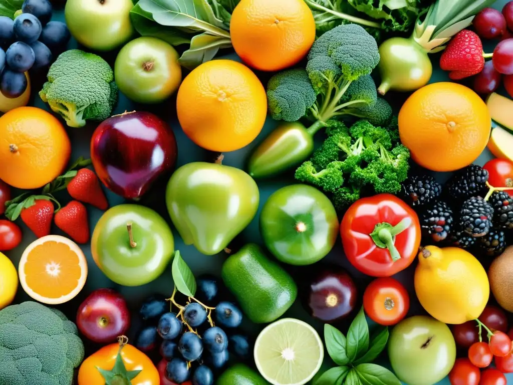 Una composición vibrante de frutas y verduras coloridas, promoviendo el fortalecimiento del sistema inmunológico a través de una dieta saludable