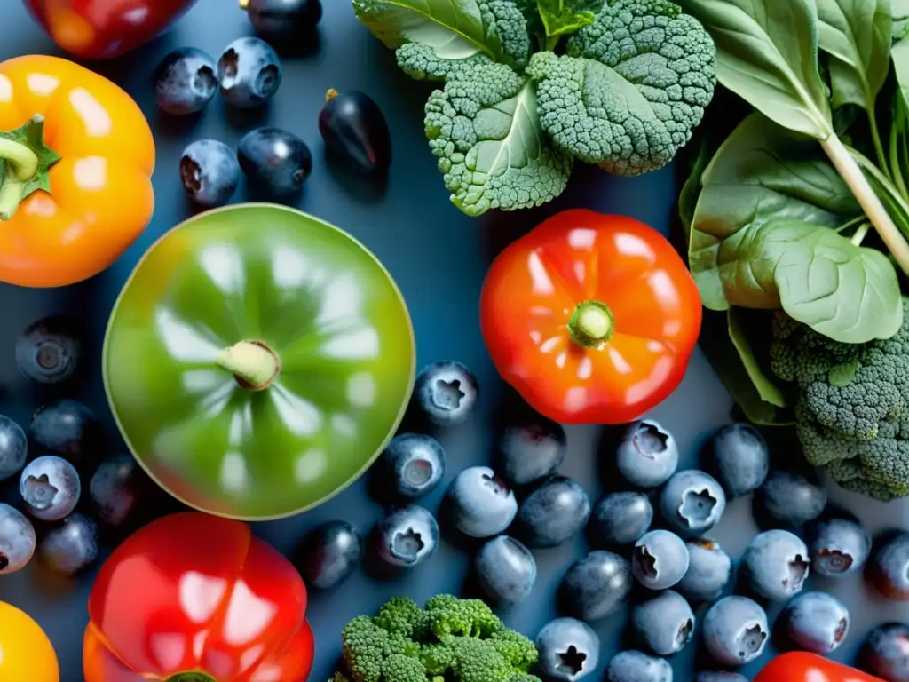 Una composición vibrante de frutas y verduras antioxidantes, glistando con frescura