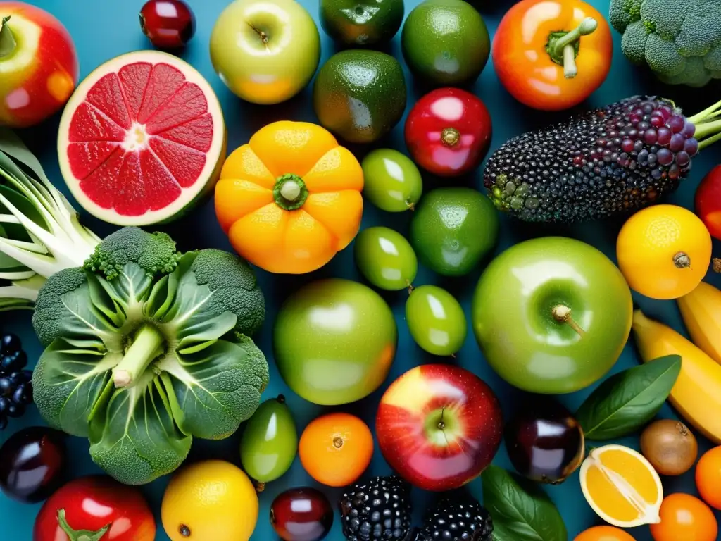 Una composición vibrante de frutas y verduras, simétricamente colocadas, con colores ricos y detalles detallados