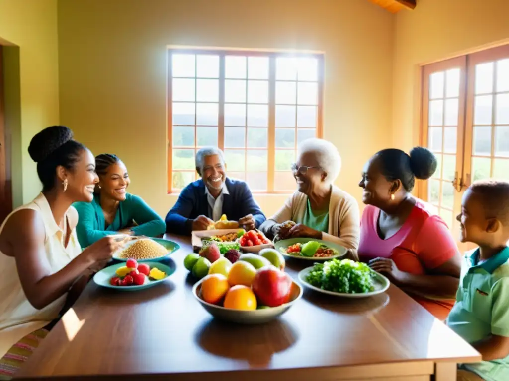 Comunidad diversa compartiendo comida saludable, resaltando la importancia de la nutrición igualitaria para comunidades vulnerables