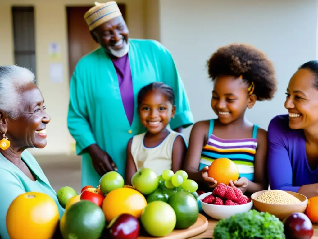 Comunidad diversa reunida alrededor de mesa llena de alimentos coloridos, simbolizando nutrición para inmunidad en comunidades vulnerables