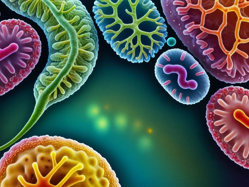 Una comunidad vibrante y diversa de bacterias intestinales, mostrando la importancia de la microbiota intestinal para la salud del sistema inmune