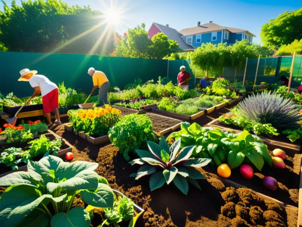 Un jardín comunitario diverso y vibrante, con personas mayores cuidando frutas, vegetales y hierbas