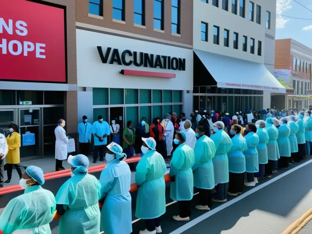 Una concurrida calle de la ciudad muestra un centro de vacunación, gente esperando y trabajadores de la salud