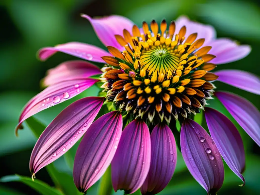 Una coneflower morada con rocío, resaltando su belleza y vitalidad