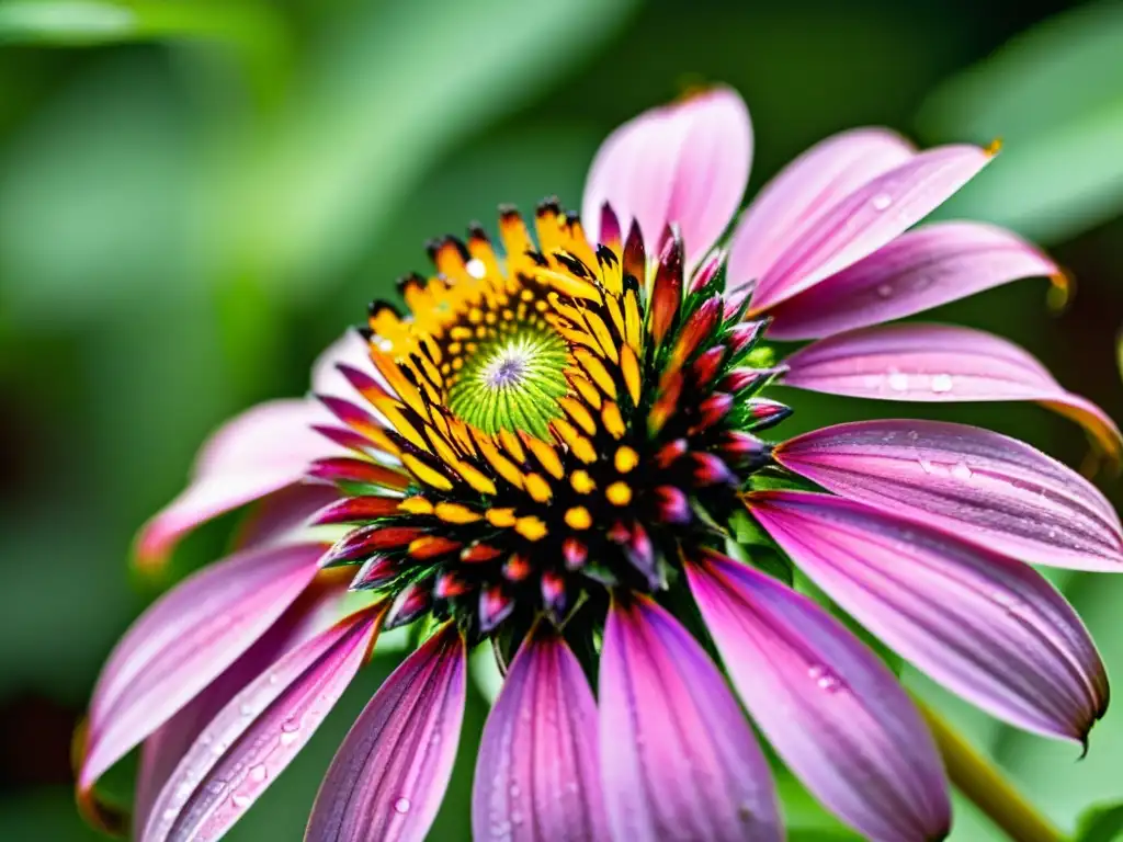 Una coneflower púrpura vibrante con gotas de rocío, resaltando la belleza intrincada