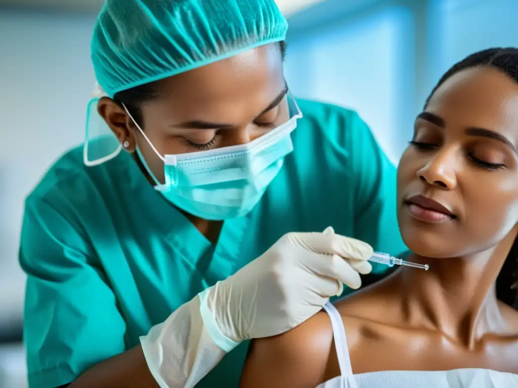 Un cuidadoso profesional de la salud administra una vacuna a un paciente en un entorno estéril y luminoso, transmitiendo confianza