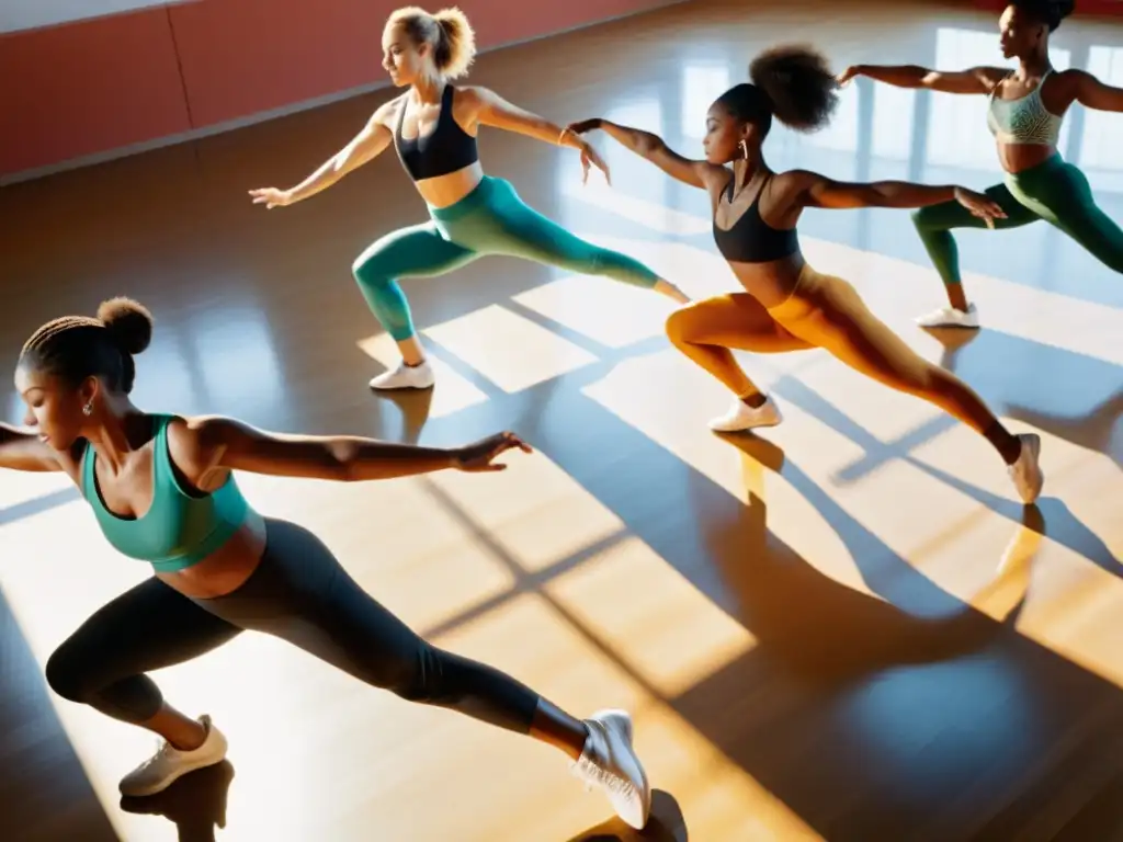 Danza sincronizada en estudio soleado, expresando vitalidad y fuerza para el fortalecimiento del sistema inmunológico mediante danza