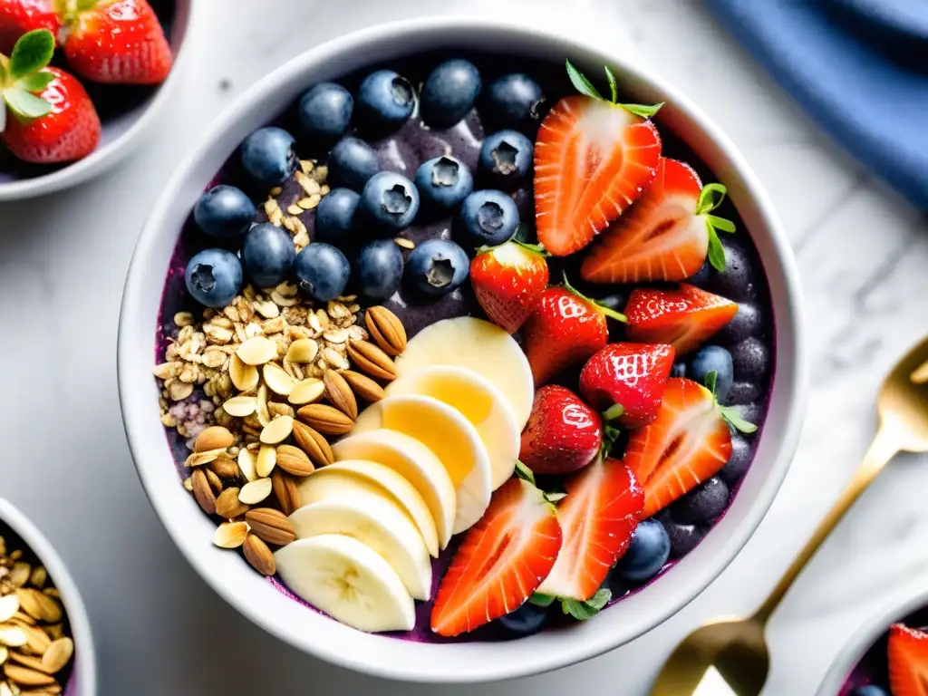 Deliciosa receta para potenciar la inmunidad: un acai bowl vibrante y colorido con fresas, arándanos, semillas de chía y granola en un elegante patrón sobre una encimera de mármol blanco