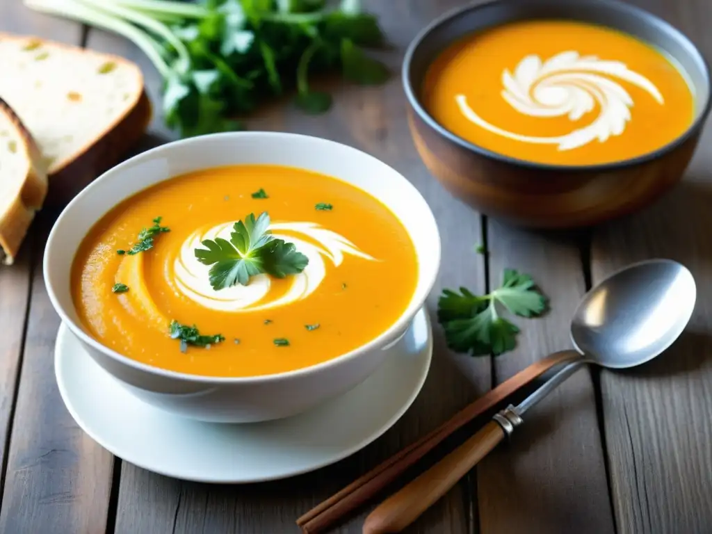 Una deliciosa sopa de zanahoria y jengibre con crema de coco y un toque de cilantro