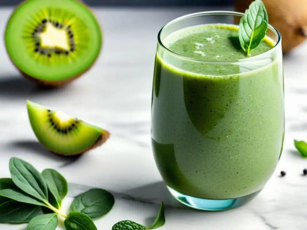 Un delicioso batido verde con kiwi, espinacas y aguacate, decorado con chía, lima y menta