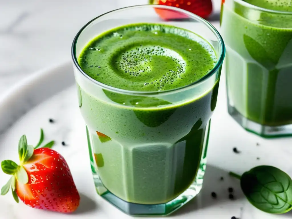 Un delicioso batido verde en un vaso transparente sobre fondo de mármol blanco, exudando vitalidad y frescura