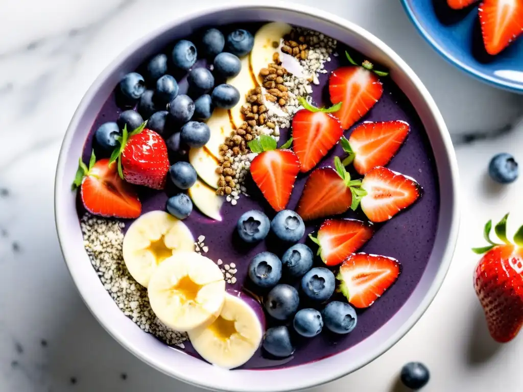 Un delicioso bol de smoothie de açaí con frutas frescas y miel, sobre encimera de mármol blanco