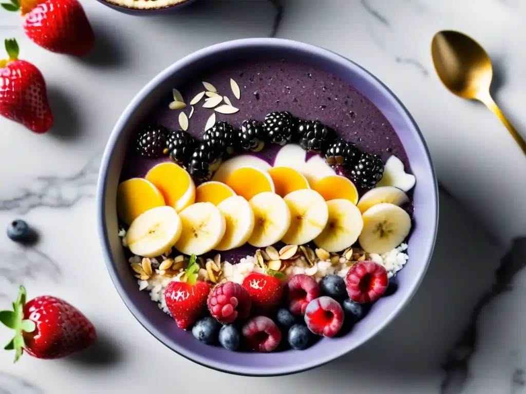 Un delicioso bowl de açaí con frutas frescas y semillas, sobre mármol blanco iluminado