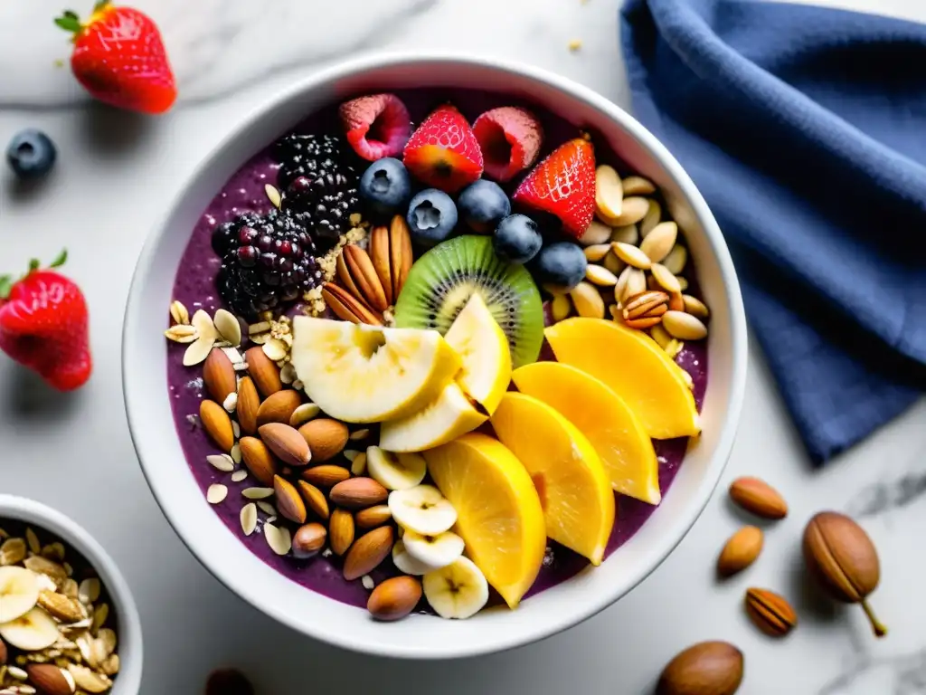 Un delicioso bowl de açaí con frutas y frutos secos sobre una mesa de mármol blanco