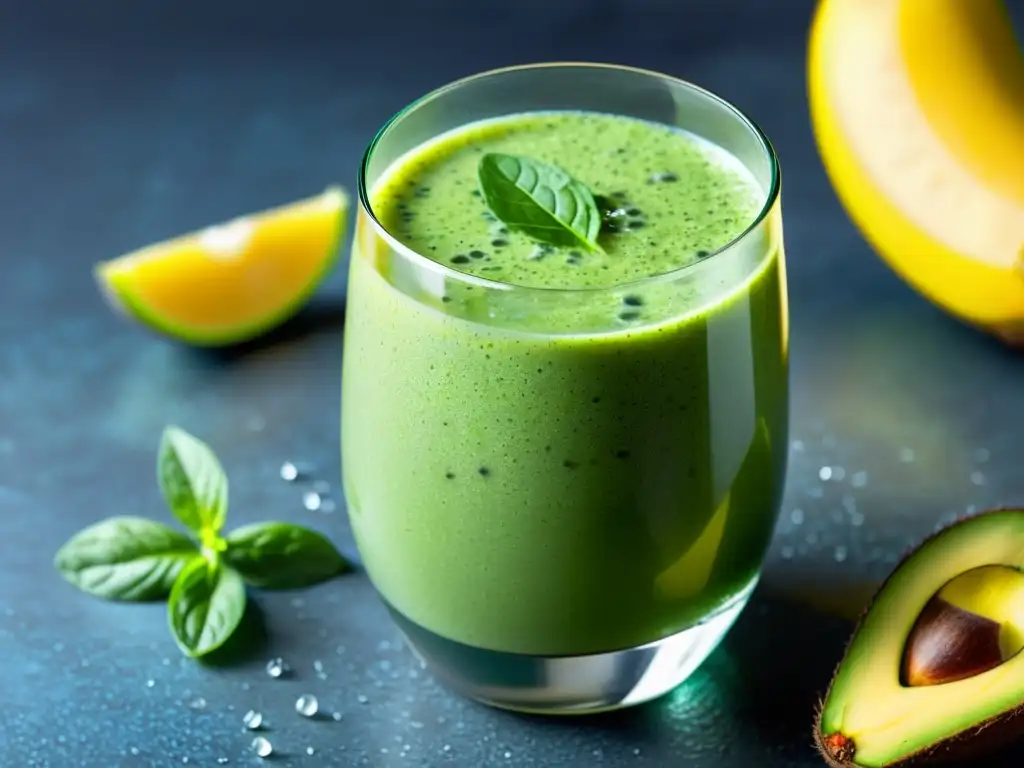 Un delicioso y saludable smoothie verde con kiwi, chía y menta en un elegante entorno de cocina