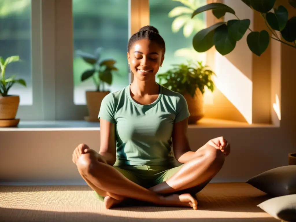 Descanso y tranquilidad: una persona medita con calma, iluminada por la cálida luz del sol y rodeada de plantas verdes