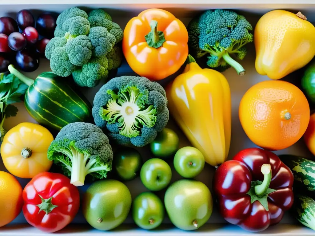 Una deslumbrante composición de frutas y verduras vibrantes en una cocina moderna