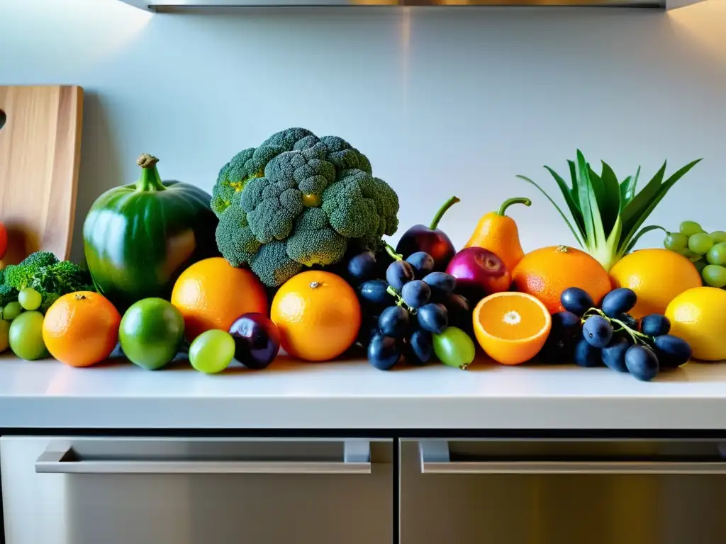 Una deslumbrante exhibición de frutas y verduras en una cocina moderna