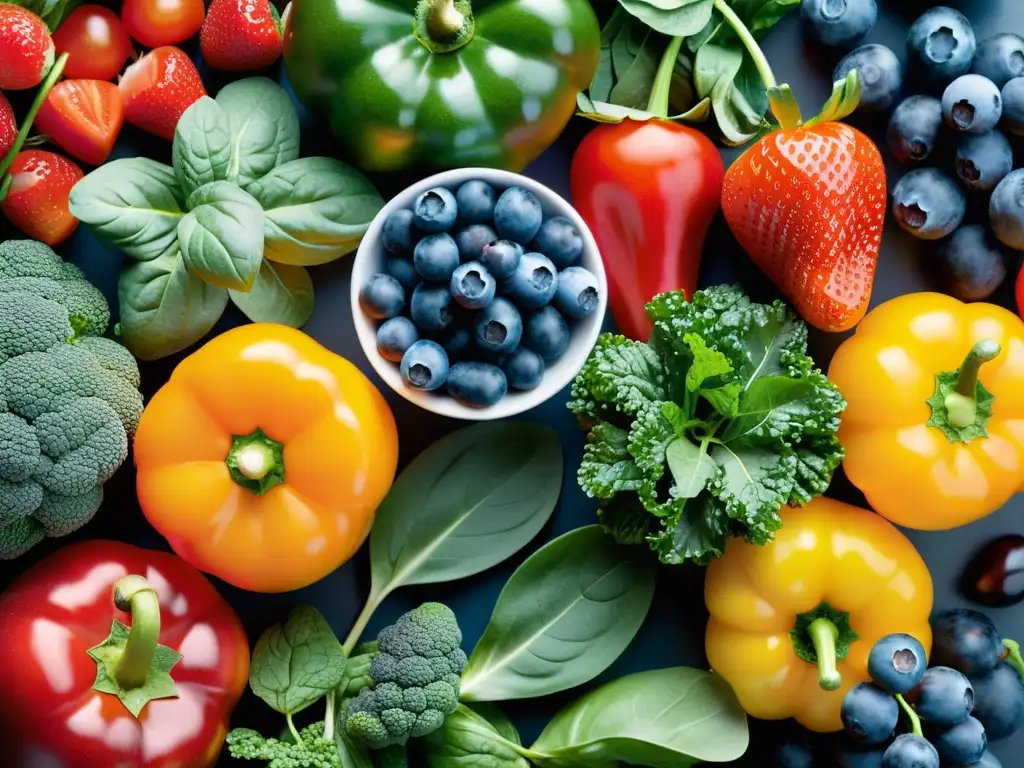 Una deslumbrante exhibición de frutas y verduras antioxidantes en un fondo moderno, destacando la importancia de antioxidantes en sistema inmunológico