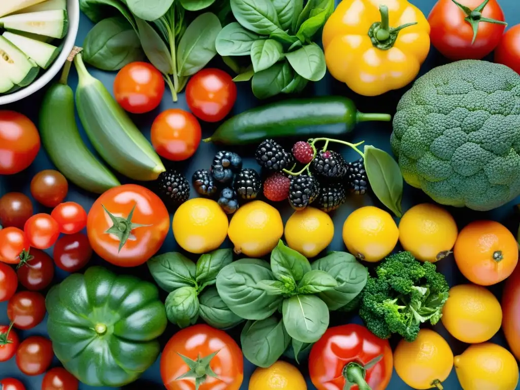 Una deslumbrante exhibición de frutas y verduras frescas y coloridas, transmitiendo vitalidad y salud