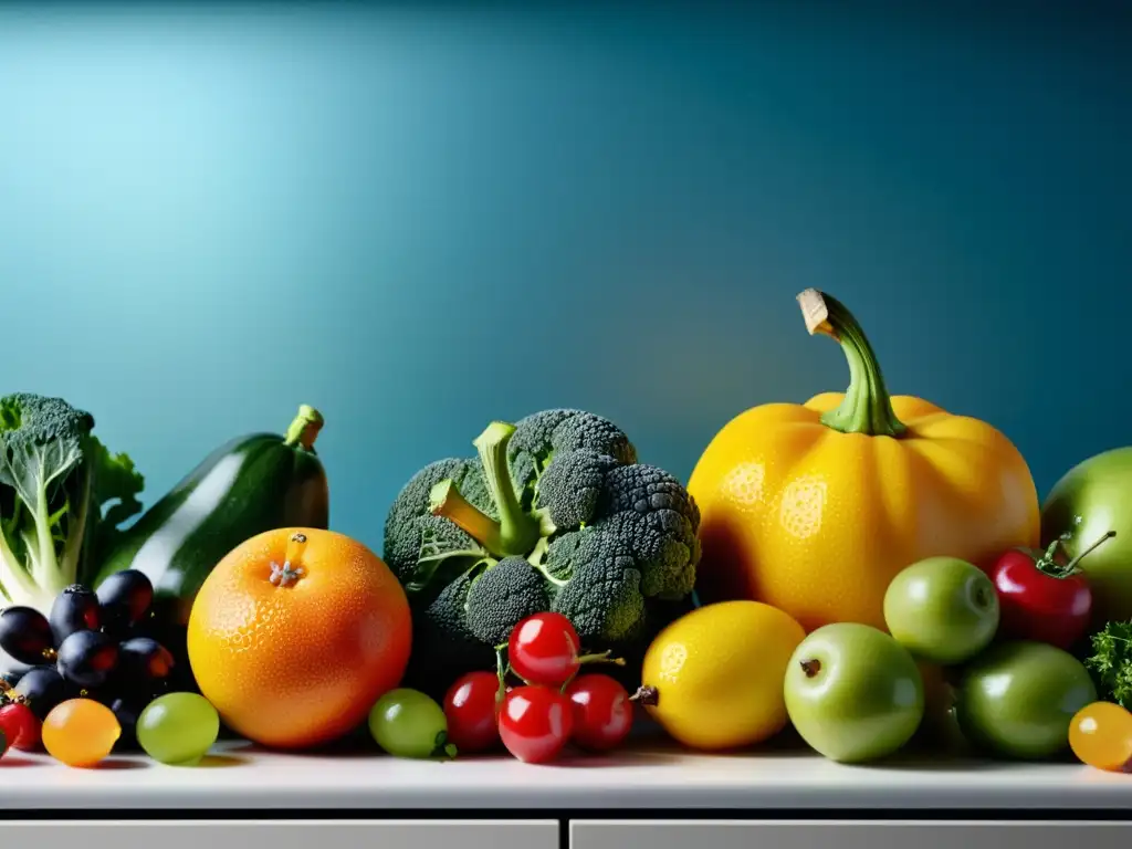 Una deslumbrante variedad de frutas y verduras frescas en una encimera de cocina moderna