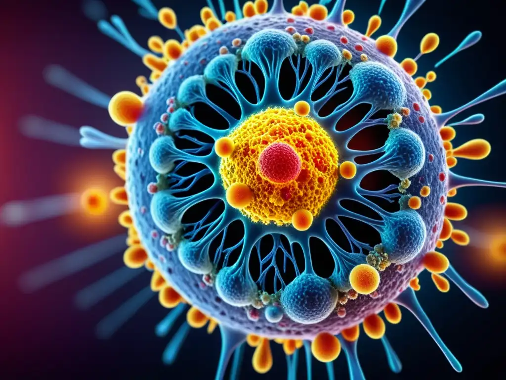 Representación detallada del ataque de radicales libres a una célula del sistema inmune, mostrando estrés oxidativo y procesos biológicos afectados