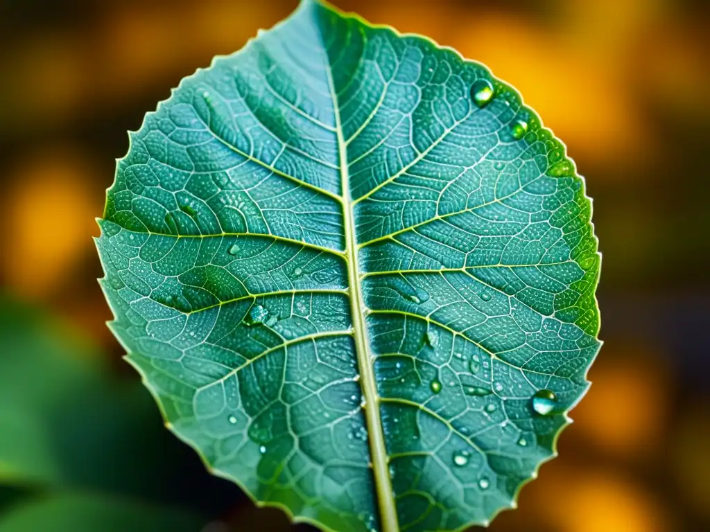 Detallada hoja verde con gotas de agua, iluminada por suave luz natural