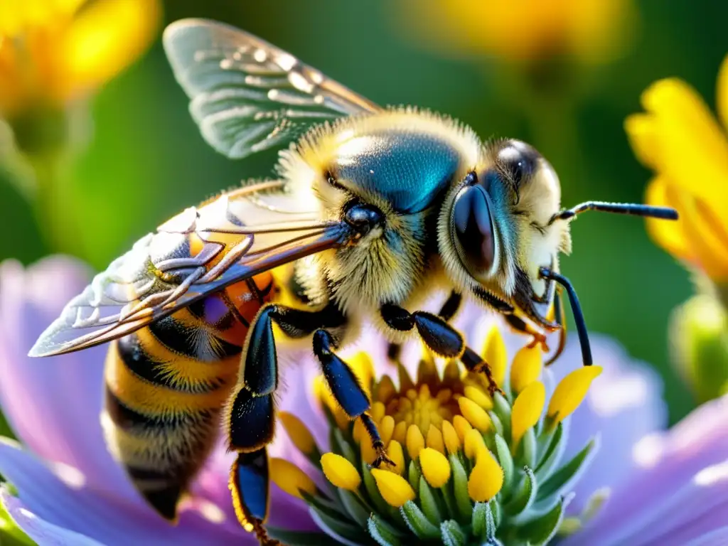 Detallada imagen de una abeja cubierta de polen amarillo sobre una flor colorida