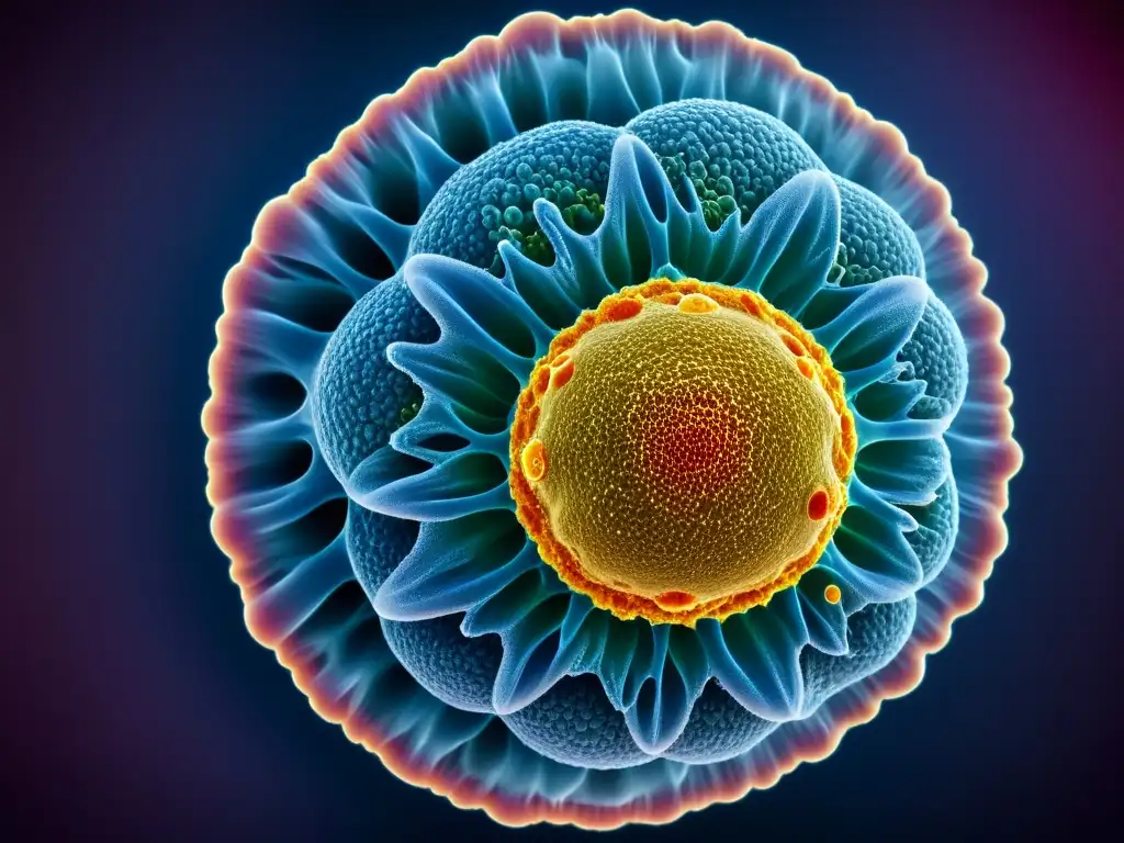 Microcosmos de Estrés Celular: Resiliencia Inmunológica Detallada imagen de una célula biológica bajo estrés, revelando la complejidad y la importancia del estrés en el sistema inmunológico