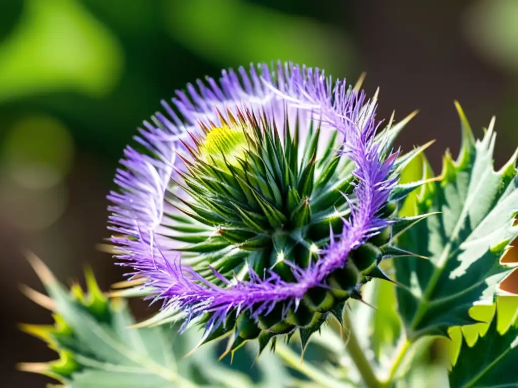 Detallada imagen del cardo mariano en un jardín exuberante, resaltando sus beneficios para la inmunidad con luz natural