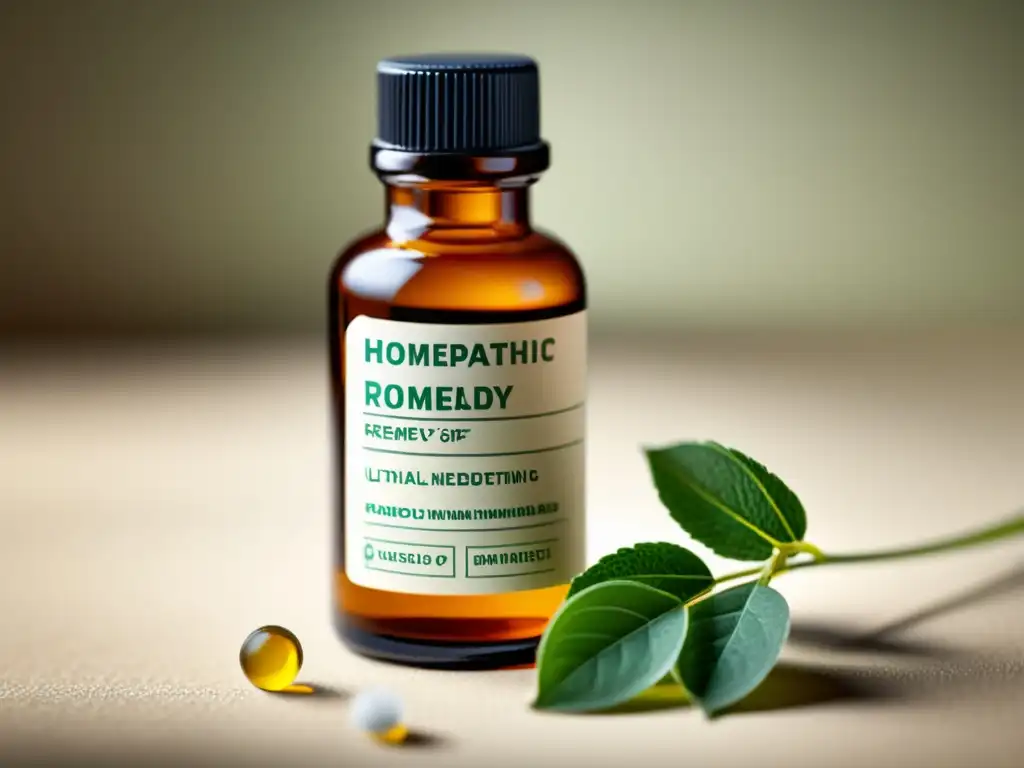 Detallada imagen de un frasco de remedio homeopático para sistema inmune, destacando ingredientes naturales y proceso científico