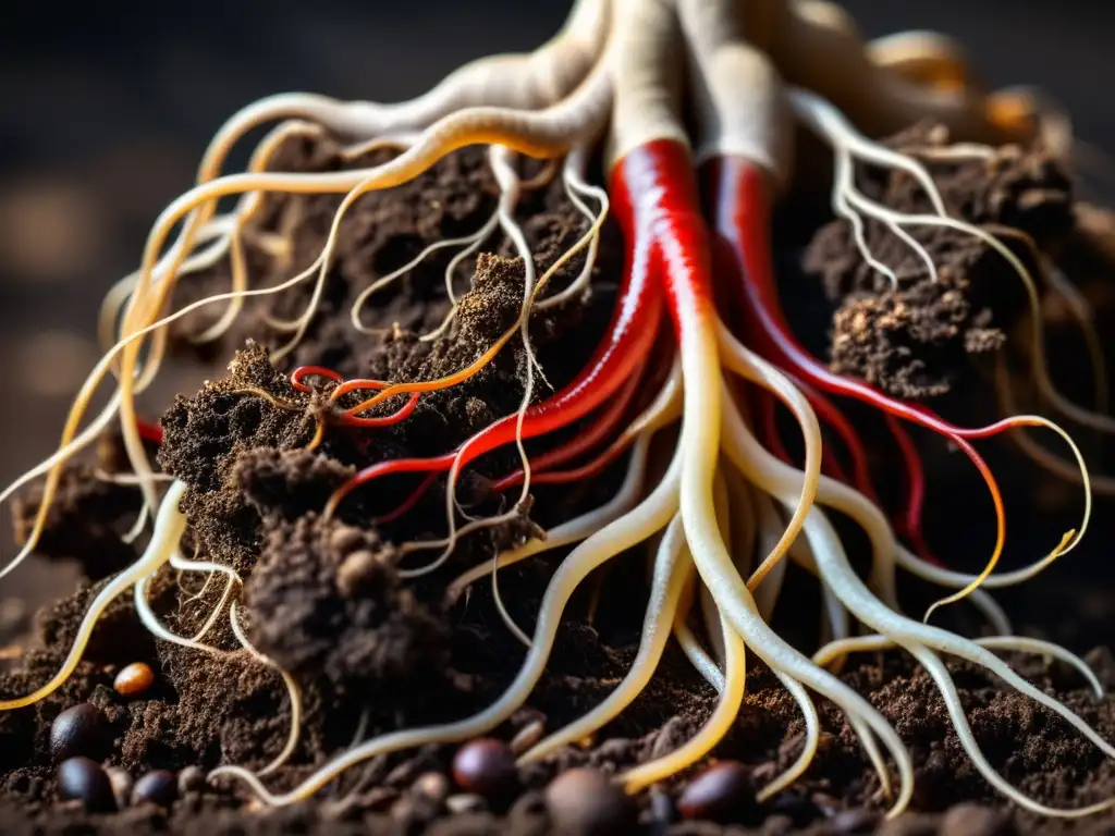 Detallada imagen de una raíz de ginseng rojo vibrante, con intrincados y retorcidos zarcillos y delicadas raíces