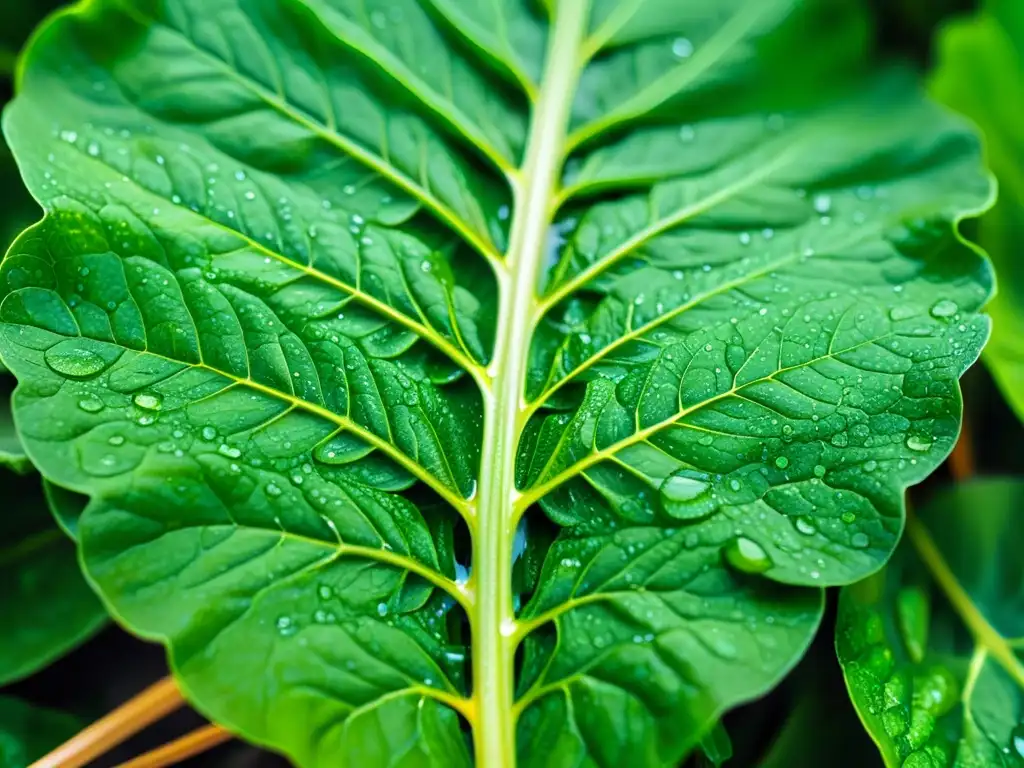 Detallada imagen de hoja verde con gotas de agua, resaltando la importancia del ácido fólico para el sistema inmunológico