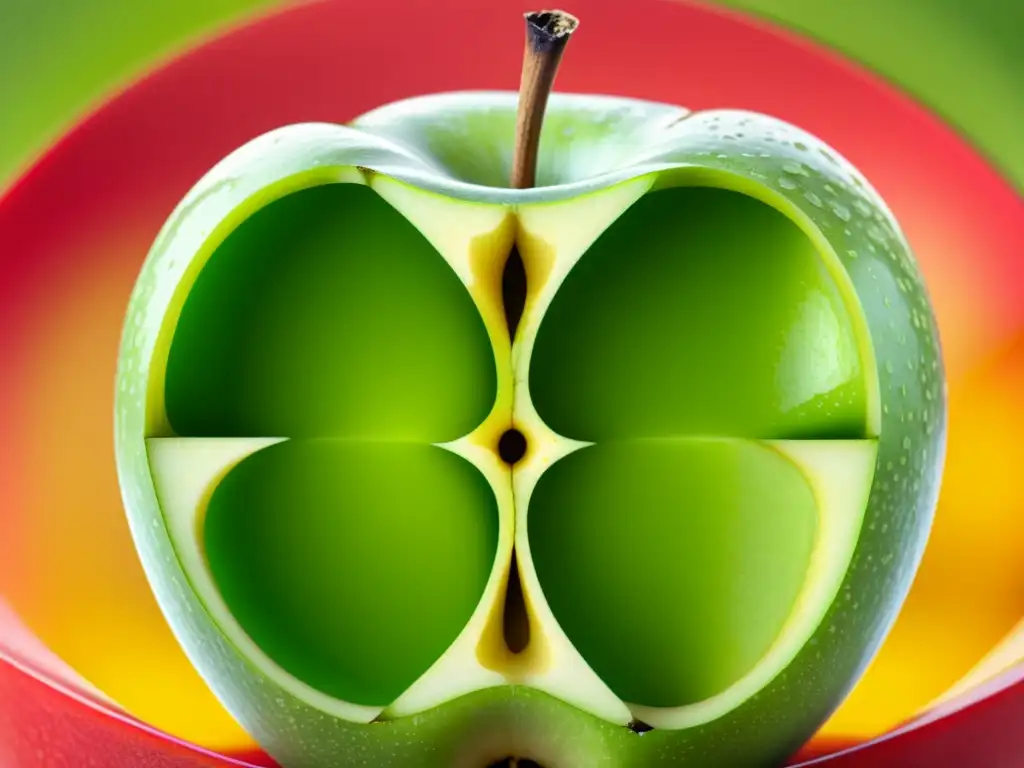 Detallada imagen de una manzana verde vibrante y su estructura celular contrastada con una representación molecular del sabor artificial