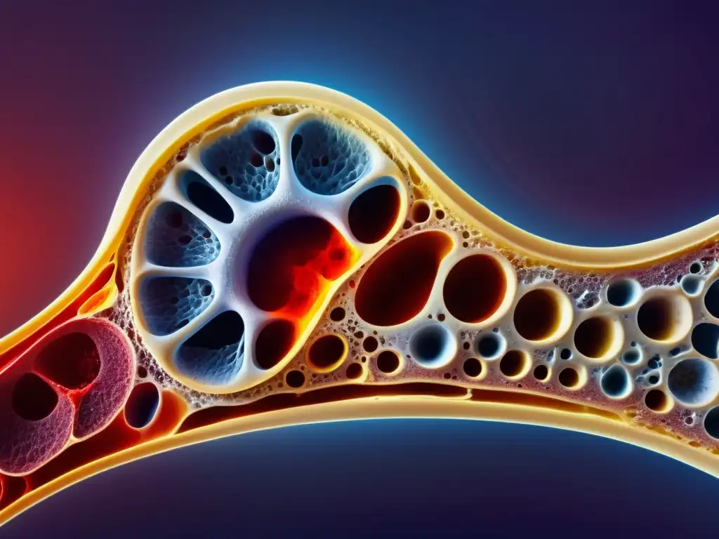 Detallada imagen en 8K de la médula ósea humana, resaltando su red de vasos sanguíneos y células en desarrollo