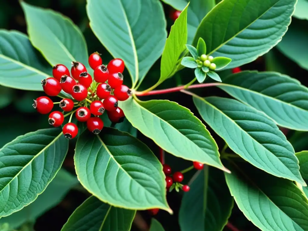 Detallada imagen de planta de ginseng verde con bayas rojas, en su hábitat natural