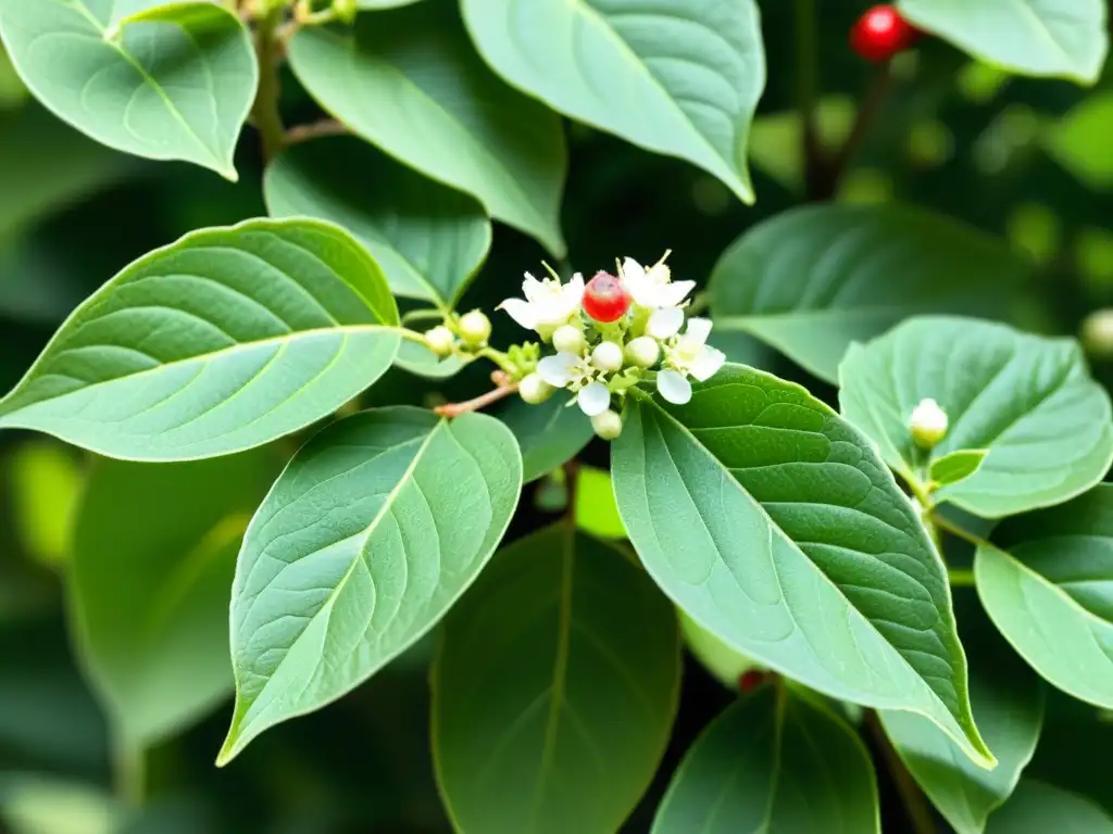 Detallada imagen de planta Ashwagandha verde vibrante con flores blancas y bayas rojas