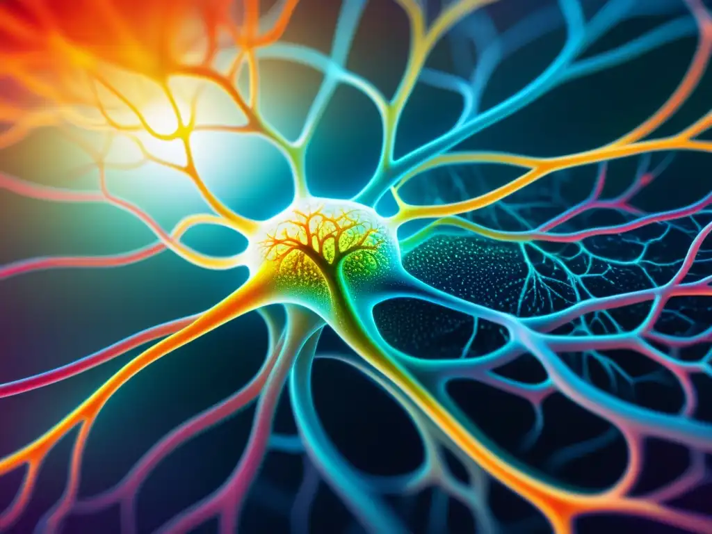 Detallada imagen de redes de neuronas en el cerebro humano, resaltando la relación emociones sistema inmunológico con vibrantes colores y energía digital