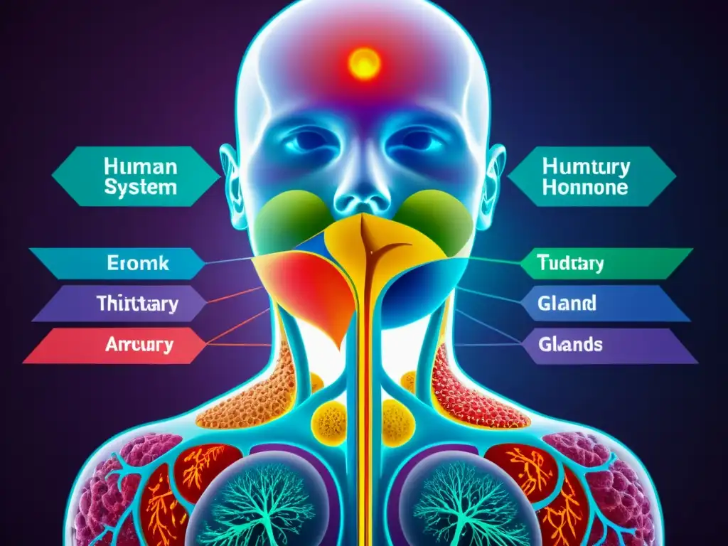 Detallada imagen del sistema endocrino humano con colores vibrantes y detalles intrincados de las glándulas y vías hormonales