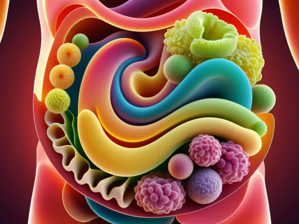 Ilustración detallada del sistema digestivo humano con énfasis en el colon, mostrando la fermentación de prebióticos y bacterias intestinales