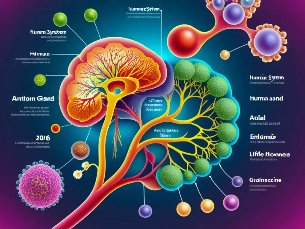 Ilustración detallada del sistema endocrino humano, destacando la red de glándulas y hormonas que regulan el estrés y la respuesta inmune