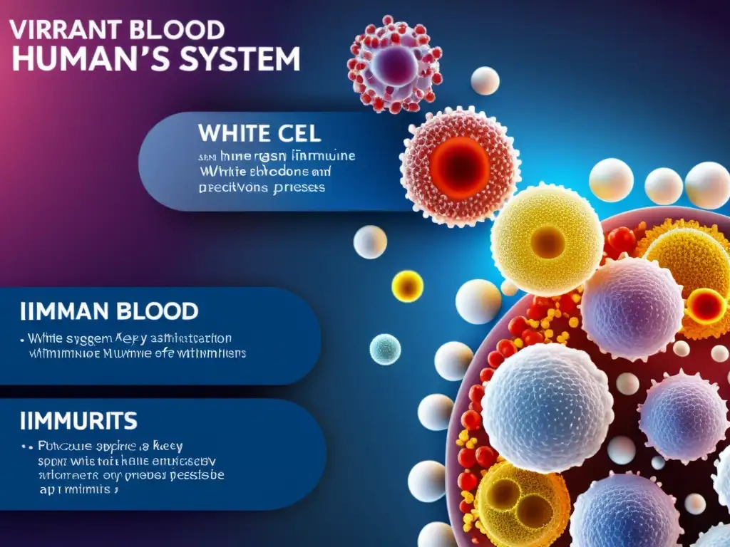 Detallada ilustración del sistema inmunológico humano con colores vibrantes y detalles intrincados, destacando la importancia de los suplementos multivitamínicos en el sistema inmunológico